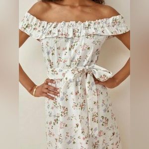 Reformation Off-Shoulder White Floral Midi Dress XS